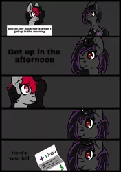 Size: 719x1020 | Tagged: safe, artist:lazerblues, derpibooru import, oc, oc:deep rest, oc:miss eri, unofficial characters only, earth pony, pony, bags under eyes, bill, clothes, comic, dialogue, doctor, gloves