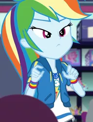 Size: 826x1080 | Tagged: safe, derpibooru import, screencap, rainbow dash, equestria girls, equestria girls series, holidays unwrapped, spoiler:eqg series (season 2), canterlot mall, clothes, cloud, cropped, dashing through the mall, female, geode of super speed, jacket, jewelry, lidded eyes, magical geodes, merchandise, necklace, rainbow, shirt, short sleeves, store, stuffed animals, t-shirt, thunderbolt, unamused, wristband