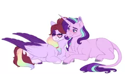 Size: 2200x1300 | Tagged: safe, artist:uunicornicc, derpibooru import, starlight glimmer, oc, oc:maiberry, pegasus, pony, glasses, prone, simple background, white background