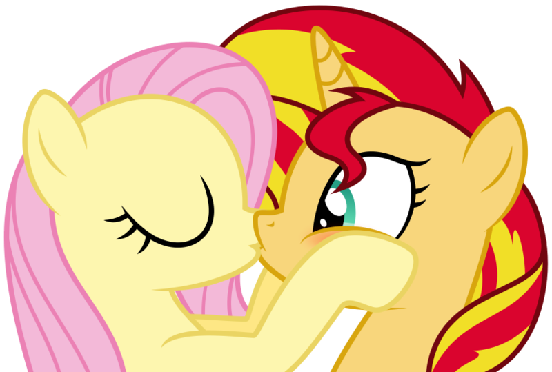 Size: 843x568 | Tagged: safe, artist:shizow, derpibooru import, fluttershy, sunset shimmer, pegasus, pony, unicorn, bust, female, kissing, lesbian, mare, shipping, simple background, sunshyne, transparent background, wide eyes