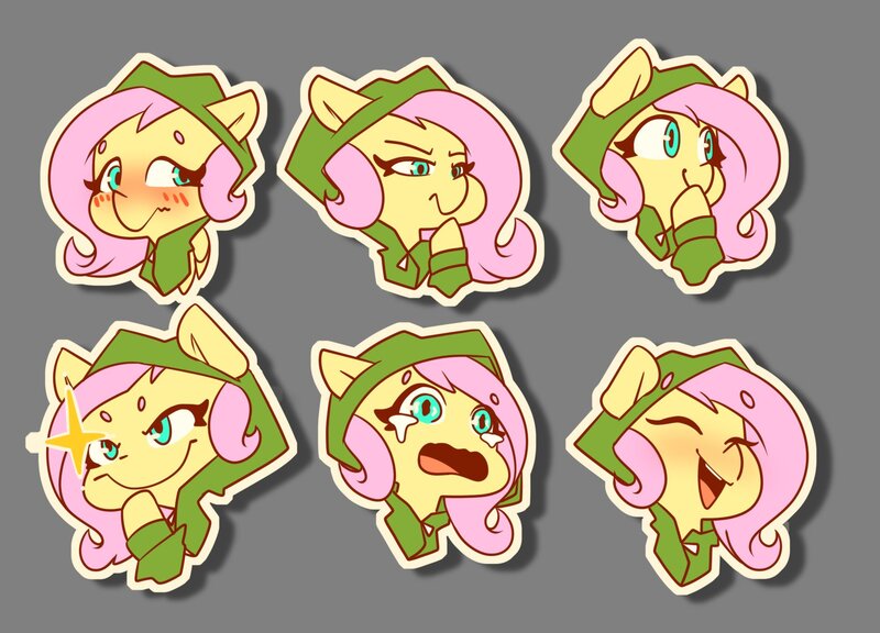 Size: 1691x1217 | Tagged: safe, artist:bloodatius, derpibooru import, fluttershy, pony, blushing, bust, clothes, crying, cute, emotes, expressions, eyes closed, female, gray background, hoodie, mare, open mouth, portrait, shyabetes, simple background, smiling, solo