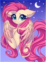 Size: 3000x4000 | Tagged: safe, artist:mite-lime, derpibooru import, fluttershy, pegasus, pony, cheek fluff, chest fluff, crescent moon, cute, ear fluff, female, high res, leg fluff, mare, moon, night, shyabetes, sky, smiling, solo, starry night, stars