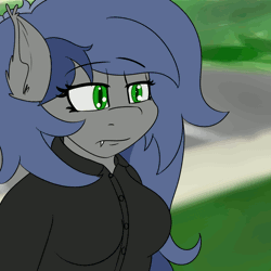 Size: 1000x1000 | Tagged: safe, artist:eclipsepenumbra, artist:eclipsethebat, derpibooru import, oc, oc:eclipse penumbra, unofficial characters only, anthro, bat pony, animated, bat pony oc, bat wings, blinking, fading, female, green eyes, mare, meme, nail polish, peace, ponified meme, wings