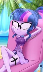 Size: 1500x2500 | Tagged: safe, artist:aryatheeditor, derpibooru import, sci-twi, twilight sparkle, equestria girls, armpits, beach, beach chair, clothes, crossed legs, cutie mark, day, digital art, eyes closed, geode of telekinesis, glass, glasses, headcanon, knife, legs, magical geodes, palm tree, powerful sparkle, relaxed, relaxing, sexy, sitting, sleeping, sleeveless, solo, swimsuit, thighs, tree