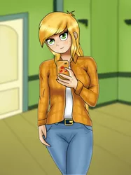 Size: 764x1024 | Tagged: safe, artist:focusb, derpibooru import, edit, editor:thomasfan45, applejack, human, equestria girls, bedroom, belt, blonde hair, clothes, cute, door, female, human coloration, jacket, jeans, looking at you, mobile phone, pants, phone, selfie, sexy, shirt, solo