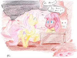 Size: 2383x1798 | Tagged: artist:lost marbles, clothes, colored pencil drawing, derpibooru import, devil, devil horn, fluttershy, heck, hell, lava, pinkie pie, safe, shirt, traditional art, volcano, your pretty face is going to hell