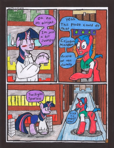 Size: 2512x3252 | Tagged: safe, artist:oatmeal155, derpibooru import, twilight sparkle, oc, oc:crimson maroon, pony, unicorn, comic:oat.meal, blushing, book, bookshelf, clothes, comic, dialogue, ever emerald manor, library, traditional art, unicorn twilight