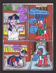 Size: 2512x3252 | Tagged: safe, artist:oatmeal155, derpibooru import, twilight sparkle, oc, oc:crimson maroon, pony, unicorn, comic:oat.meal, blushing, book, bookshelf, clothes, comic, dialogue, ever emerald manor, library, traditional art, unicorn twilight