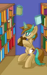 Size: 936x1500 | Tagged: safe, artist:notadeliciouspotato, derpibooru import, oc, oc:demi, oc:demiurgic theory, unofficial characters only, unicorn, bipedal, book, bookshelf, chocolate, cute, eating, food, happy, hoof hold, librarian, library, magic, male, nom, raised hoof, smiling, solo, stallion, telekinesis