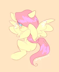 Size: 584x720 | Tagged: safe, artist:dongoverlord, derpibooru import, fluttershy, pegasus, pony, covering face, cute, female, hair over one eye, hiding behind mane, looking at you, mare, missing cutie mark, orange background, shyabetes, simple background, solo
