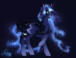 Size: 1886x1432 | Tagged: alicorn, artist:djspark3, blue background, curved horn, derpibooru import, ethereal mane, fangs, female, galaxy mane, galaxy tail, horn, hybrid wings, mare, princess luna, redesign, safe, simple background, slit eyes, smiling, solo, wings