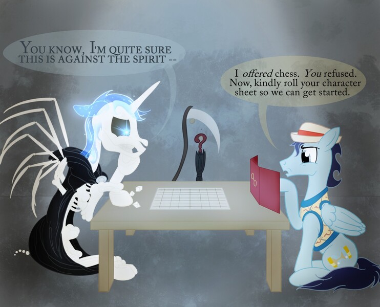 Size: 1280x1035 | Tagged: safe, artist:sixes&sevens, derpibooru import, ponified, alicorn, pegasus, pony, skeleton pony, bone, bubble, clothes, cutie mark, dice, digital art, discworld, dm screen, doctor who, dungeons and dragons, duo, grim reaper, hat, horn, male, not soarin, pen and paper rpg, rpg, scythe, seventh doctor, skeleton, speech bubble, stallion, table, tail, text, umbrella, wings