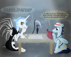 Size: 1280x1035 | Tagged: safe, artist:sixes&sevens, derpibooru import, ponified, alicorn, pegasus, pony, skeleton pony, bone, bubble, clothes, cutie mark, dice, digital art, discworld, dm screen, doctor who, dungeons and dragons, duo, grim reaper, hat, horn, male, not soarin, pen and paper rpg, rpg, scythe, seventh doctor, skeleton, speech bubble, stallion, table, tail, text, umbrella, wings