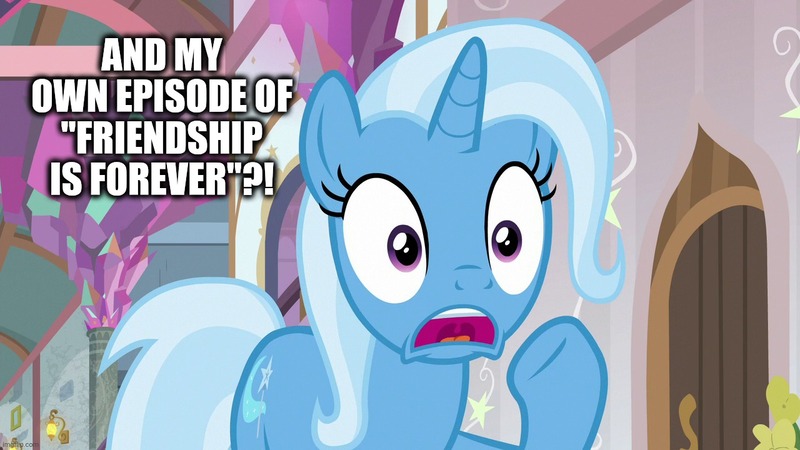 Size: 1280x720 | Tagged: a horse shoe-in, caption, derpibooru import, edit, edited screencap, image macro, meme, raised hoof, safe, screencap, shocked, shocked expression, solo, text, trixie, trixie yells at everything