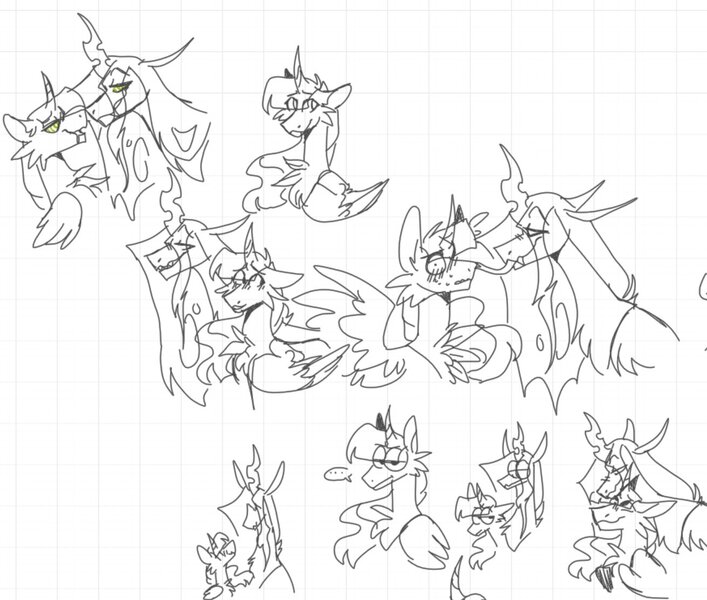 Size: 1310x1111 | Tagged: safe, artist:rockin_candies, derpibooru import, queen chrysalis, twilight sparkle, twilight sparkle (alicorn), alicorn, changeling, changeling queen, pony, ..., blushing, curved horn, drool, duo, female, flustered, forked tongue, graph paper, horn, hypnosis, lesbian, licking, shipping, simple background, sketch, speech bubble, spread wings, swirly eyes, teeth, tongue out, twisalis, white background, wings