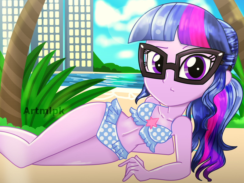 Size: 2048x1536 | Tagged: safe, artist:artmlpk, derpibooru import, sci-twi, twilight sparkle, equestria girls, adorable face, adorkable, alternate hairstyle, beach, beautiful, bikini, city, cityscape, clothes, cute, digital art, dork, looking at you, lying down, ocean, palm tree, plant, plants, ponytail, side, sky, skyscraper, solo, swimsuit, tree, twiabetes, watermark