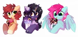 Size: 1920x922 | Tagged: safe, artist:mirtash, derpibooru import, oc, oc:bead trail, oc:rivibaes, unofficial characters only, earth pony, pegasus, pony, unicorn, bust, food