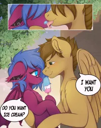 Size: 960x1206 | Tagged: safe, artist:yourmeow, derpibooru import, oc, oc:sparky showers, oc:thistle down, unofficial characters only, bat pony, pegasus, pony, bedroom eyes, chest fluff, female, licking, male, oc x oc, shipping, shoulder fluff, straight, tongue out