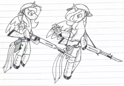Size: 1079x752 | Tagged: safe, artist:wolfjedisamuel, derpibooru import, princess celestia, princess luna, alicorn, pony, brodie helmet, chocolate, clothes, duo, female, flying, food, hat, helmet, horn, lined paper, mare, monochrome, tail, traditional art, uniform, weapon, wings, world war i