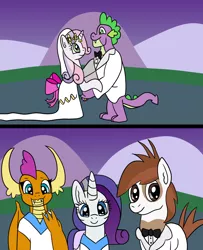 Size: 1024x1260 | Tagged: safe, artist:platinumdrop, derpibooru import, pipsqueak, rarity, smolder, spike, sweetie belle, comic, dancing, female, future, gigachad spike, male, marriage, older, older spike, request, shipping, spikebelle, straight, wedding