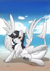 Size: 1926x2716 | Tagged: alicorn, alicorn oc, alternate version, artist:yukandasama, beach, black mane, blushing, derpibooru import, female, horn, looking at you, oc, oc:taikongjiyi, original species, pale belly, safe, shark, shark pony, sky, solo, source needed, spread wings, unofficial characters only, wings