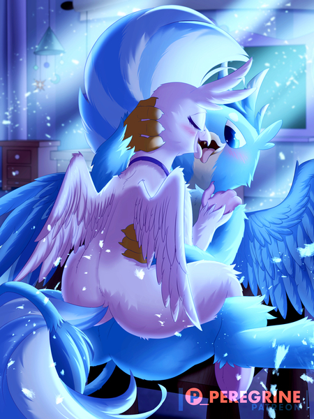 Size: 1000x1333 | Tagged: suggestive, artist:phoenixperegrine, derpibooru import, gallus, silverstream, gryphon, hippogriff, blushing, female, french kiss, gallstream, hand on head, holding head, kissing, lidded eyes, male, shipping, sloppy kissing, straight, tongue out