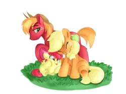 Size: 4000x3000 | Tagged: safe, artist:drtuo4, artist:jbond, color edit, derpibooru import, edit, apple bloom, applejack, big macintosh, earth pony, pony, accessory swap, adorabloom, apple siblings, apple sisters, brother and sister, chest fluff, colored, coloring, cute, family, female, high res, jackabetes, laughing, macabetes, male, painting, siblings, silly, simple background, sisters, smiling, squishy cheeks, tongue out, white background