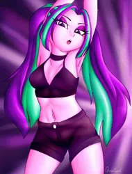 Size: 1080x1418 | Tagged: safe, artist:queentigrel, derpibooru import, aria blaze, human, equestria girls, 2020, 2020s, armpits, arms in the air, bedroom eyes, belly button, breasts, choker, clothes, denim shorts, exposed belly, female, midriff, multicolored hair, open mouth, pigtails, purple background, purple skin, raised arms, sexy, shorts, simple background, sultry pose, tanktop, thighs, tomboy, twintails