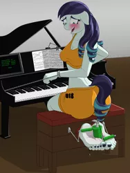 Size: 3000x4000 | Tagged: alternate version, anthro, artist:tklninja, blushing, bondage, breasts, clothes, coloratura, cuffs, derpibooru import, feet, fetish, floppy ears, foot fetish, laughing, musical instrument, open mouth, piano, plantigrade anthro, shackles, soles, solo, stocks, suggestive, tickle fetish, tickle roller, tickle torture, tickling, toenails