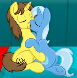 Size: 886x896 | Tagged: suggestive, artist:grapefruitface1, derpibooru import, trixie, oc, oc:grapefruit face, base used, bed, bedroom, canon x oc, curtains, female, grapefruitface x trixie, kissing, kneeling, male, shipping, straight