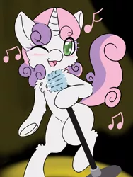 Size: 1536x2048 | Tagged: safe, artist:steelsoul, derpibooru import, sweetie belle, unicorn, bipedal, blank flank, blushing, cheek fluff, chest fluff, cute, diasweetes, female, filly, leg fluff, looking at you, microphone, music notes, one eye closed, open mouth, singing, solo, underhoof, wingding eyes, wink