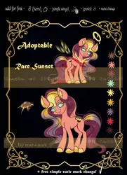 Size: 750x1036 | Tagged: safe, artist:mdwines, derpibooru import, oc, earth pony, adoptable, adoption, advertisement, auction, auction open, custom, customization, cutie mark, gold, halo, irl, outfit, photo, reference sheet, solo, sunset, toy, wings