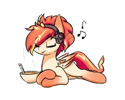 Size: 1000x800 | Tagged: safe, artist:rice, derpibooru import, oc, oc:tomyum, unofficial characters only, pegasus, pony, bowl, cute, eyes closed, female, headphone, lying down, mare, music notes, simple background, solo, thailand, transparent background
