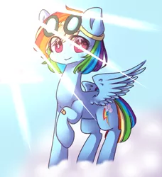 Size: 766x839 | Tagged: safe, artist:paintpalet35, artist:windymils, derpibooru import, rainbow dash, pegasus, pony, bandaid, cloud, collaboration, crepuscular rays, cute, dashabetes, female, goggles, mare, on a cloud, solo