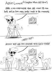Size: 1280x1766 | Tagged: safe, artist:chopsticks, derpibooru import, oc, oc:krystal mark, unofficial characters only, crystal pony, earth pony, pegasus, unicorn, argument, comic, crying, crystal pony oc, dialogue, diverse body types, female, glasses, monochrome, reality ensues, simple background, text, yelling