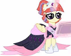 Size: 1008x793 | Tagged: safe, artist:cloudyfashions, derpibooru import, moondancer, alicorn, pony, alicornified, alternate universe, clothes, coronation dress, crown, dress, female, jewelry, magic, mare, moondancercorn, race swap, regalia, telekinesis