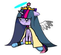 Size: 1000x900 | Tagged: safe, derpibooru import, twilight sparkle, anarchy stocking, angel, big crown thingy, bow, clothes, crown, dress, element of magic, floppy ears, glass slipper (footwear), gown, hair bow, halo, image, jewelry, looking at you, necklace, panty and stocking with garterbelt, png, princess angel twilight sparkle, regalia, shoes, simple background, sitting, socks, solo, transparent background, wings