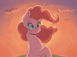 Size: 1584x1176 | Tagged: safe, artist:nodambol, artist:nodambol222, derpibooru import, pinkie pie, earth pony, pony, bust, cloud, female, looking at you, mare, raised hoof, sky, smiling, solo, sun, three quarter view, windswept mane