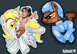 Size: 965x677 | Tagged: safe, artist:kabukihomewood, derpibooru import, derpy hooves, oc, earth pony, human, pegasus, pony, abs, armpits, badge, clothes, con badge, crossover, eyes closed, female, flying, gray background, humans riding ponies, male, mare, nipples, nudity, open mouth, pants, partial nudity, riding, shoes, simple background, smiling, topless, traditional art, tron