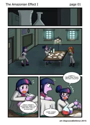 Size: 1000x1395 | Tagged: safe, artist:advanceddefense, artist:bluecarnationstudios, derpibooru import, sci-twi, sunset shimmer, twilight sparkle, comic:the amazonian effect, equestria girls, clipboard, clothes, comic, glasses, lab coat, open mouth, pencil, research, science, speech bubble, twolight