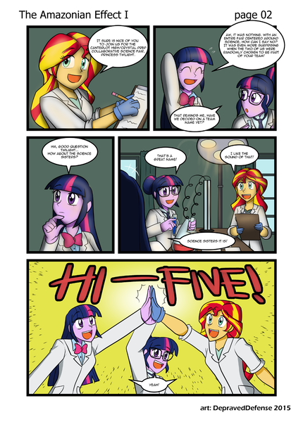 Size: 1000x1395 | Tagged: safe, artist:advanceddefense, artist:bluecarnationstudios, derpibooru import, sci-twi, sunset shimmer, twilight sparkle, comic:the amazonian effect, equestria girls, clothes, comic, high five, lab coat, patreon, test tube, the science sisters, twolight