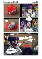 Size: 1000x1396 | Tagged: safe, artist:advanceddefense, artist:bluecarnationstudios, derpibooru import, sci-twi, sunset shimmer, twilight sparkle, mouse, comic:the amazonian effect, equestria girls, ..., chemicals, clothes, comic, goggles, lab coat, twolight
