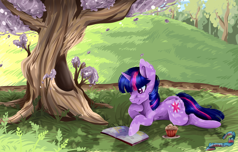 Size: 3061x1959 | Tagged: safe, artist:inlaru, derpibooru import, twilight sparkle, pony, unicorn, friendship is magic, book, chillaxing, dappled sunlight, detailed background, digital art, female, food, happy, mare, muffin, prone, reading, relaxing, solo, tree, unicorn twilight