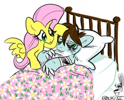 Size: 800x651 | Tagged: safe, artist:kabukihomewood, derpibooru import, fluttershy, oc, oc:savage shark, original species, pegasus, pony, shark, shark pony, bandage, bed, blanket, canon x oc, claws, comforting, female, injured, looking at each other, male, mare, on back, scar, simple background, spread wings, white background, wings