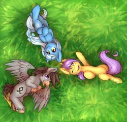 Size: 2700x2591 | Tagged: safe, artist:pingwinowa, derpibooru import, oc, oc:glace, oc:luxor, oc:tulipan, unofficial characters only, classical hippogriff, hippogriff, unicorn, bow, cute, freckles, grass, hair bow, luxorian trio, lying down, one eye closed, smiling