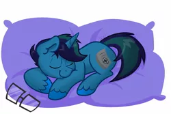 Size: 1800x1200 | Tagged: safe, artist:cadetredshirt, derpibooru import, oc, oc:arioso, oc:joinedtheherd, pony, unicorn, blue coat, commission, cute, ear fluff, eyes closed, glasses, horn, male, pillow, sleeping, smiling, solo, stallion, two toned mane, two toned tail, unshorn fetlocks, ych result, your character here