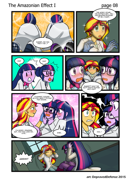 Size: 1000x1395 | Tagged: suggestive, artist:advanceddefense, artist:bluecarnationstudios, derpibooru import, sci-twi, sunset shimmer, twilight sparkle, comic:the amazonian effect, equestria girls, blushing, butt, butt grab, butt touch, clothes, comic, female, grope, lab coat, lesbian, patreon, plot, polyamory, scitwishimmer, shipping, sunset twiangle, sunsetsparkle, twibutt, twolight