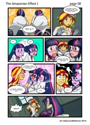 Size: 1000x1395 | Tagged: suggestive, artist:advanceddefense, artist:bluecarnationstudios, derpibooru import, sci-twi, sunset shimmer, twilight sparkle, comic:the amazonian effect, equestria girls, blushing, butt, butt grab, butt touch, clothes, comic, female, grope, lab coat, lesbian, patreon, plot, polyamory, scitwishimmer, shipping, sunset twiangle, sunsetsparkle, twibutt, twolight