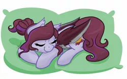 Size: 1800x1124 | Tagged: safe, artist:cadetredshirt, derpibooru import, oc, oc:jade jump, bat pony, pony, bat pony oc, bat wings, commission, digital art, ear fluff, eyes closed, long tail, pillow, sleeping, solo, two toned mane, wingblade, wings, ych result, your character here