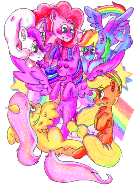 Size: 1257x1689 | Tagged: safe, artist:paamyu, derpibooru import, applejack, fluttershy, pinkie pie, rainbow dash, rarity, twilight sparkle, twilight sparkle (alicorn), alicorn, earth pony, pegasus, pony, unicorn, chest fluff, female, grin, looking at someone, mane six, mare, rainbow, simple background, smiling, sparkles, spread wings, stars, transparent background, wings